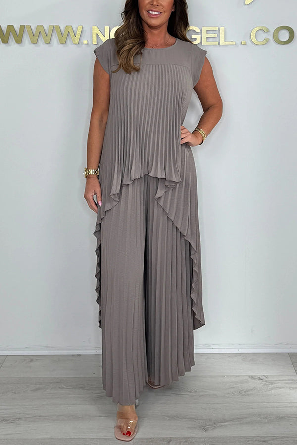 Conjunto de Vestido Midi Plisado Sherry™ y Pantalón de Pierna Ancha