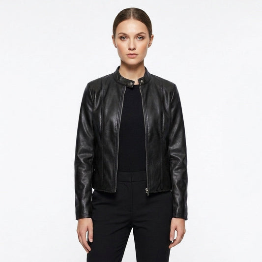 Laia | Chaqueta Biker de Cuero Mujer Ajustada Cuello Mao
