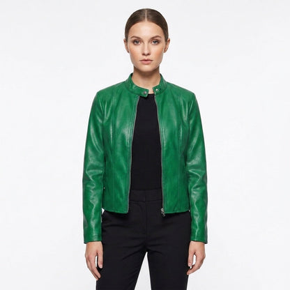 Laia | Chaqueta Biker de Cuero Mujer Ajustada Cuello Mao