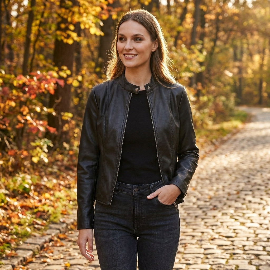 Laia | Chaqueta Biker de Cuero Mujer Ajustada Cuello Mao