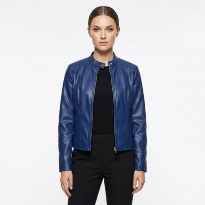 Laia | Chaqueta Biker de Cuero Mujer Ajustada Cuello Mao