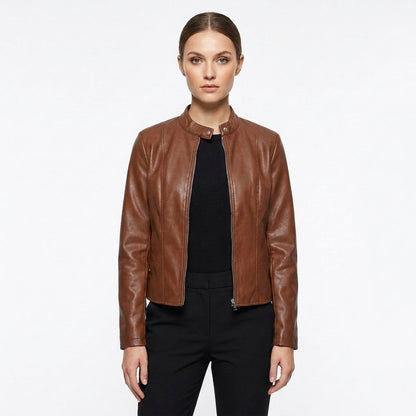 Laia | Chaqueta Biker de Cuero Mujer Ajustada Cuello Mao