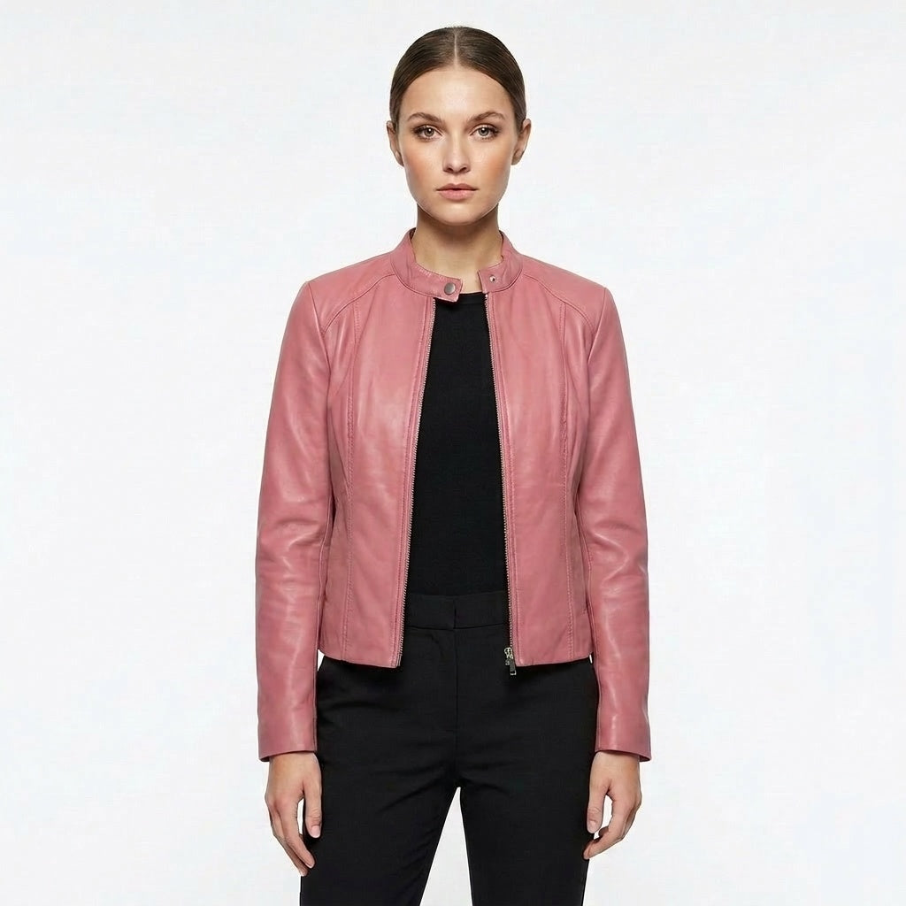 Laia | Chaqueta Biker de Cuero Mujer Ajustada Cuello Mao