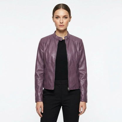 Laia | Chaqueta Biker de Cuero Mujer Ajustada Cuello Mao